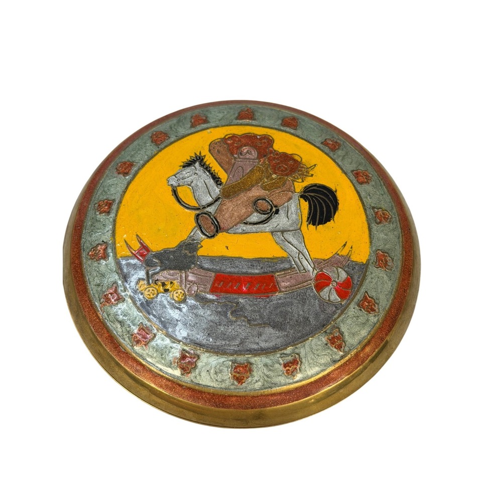 Vintage Solid Brass Trinket Box India Enameled Rocking Horse Jewelry Dish 4 Inch